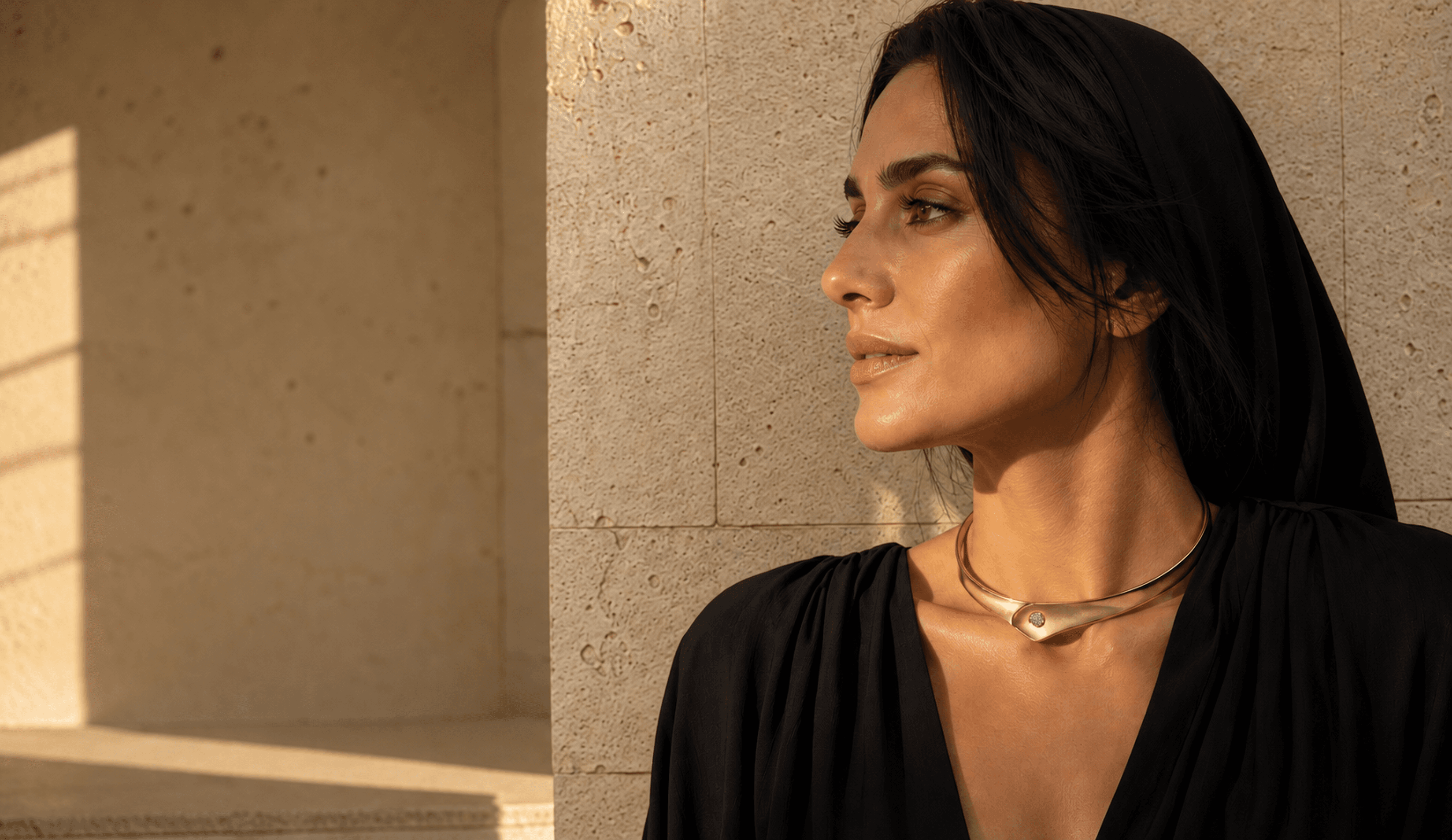 Sculptural Gharghour gold jewelry worn in warm light
