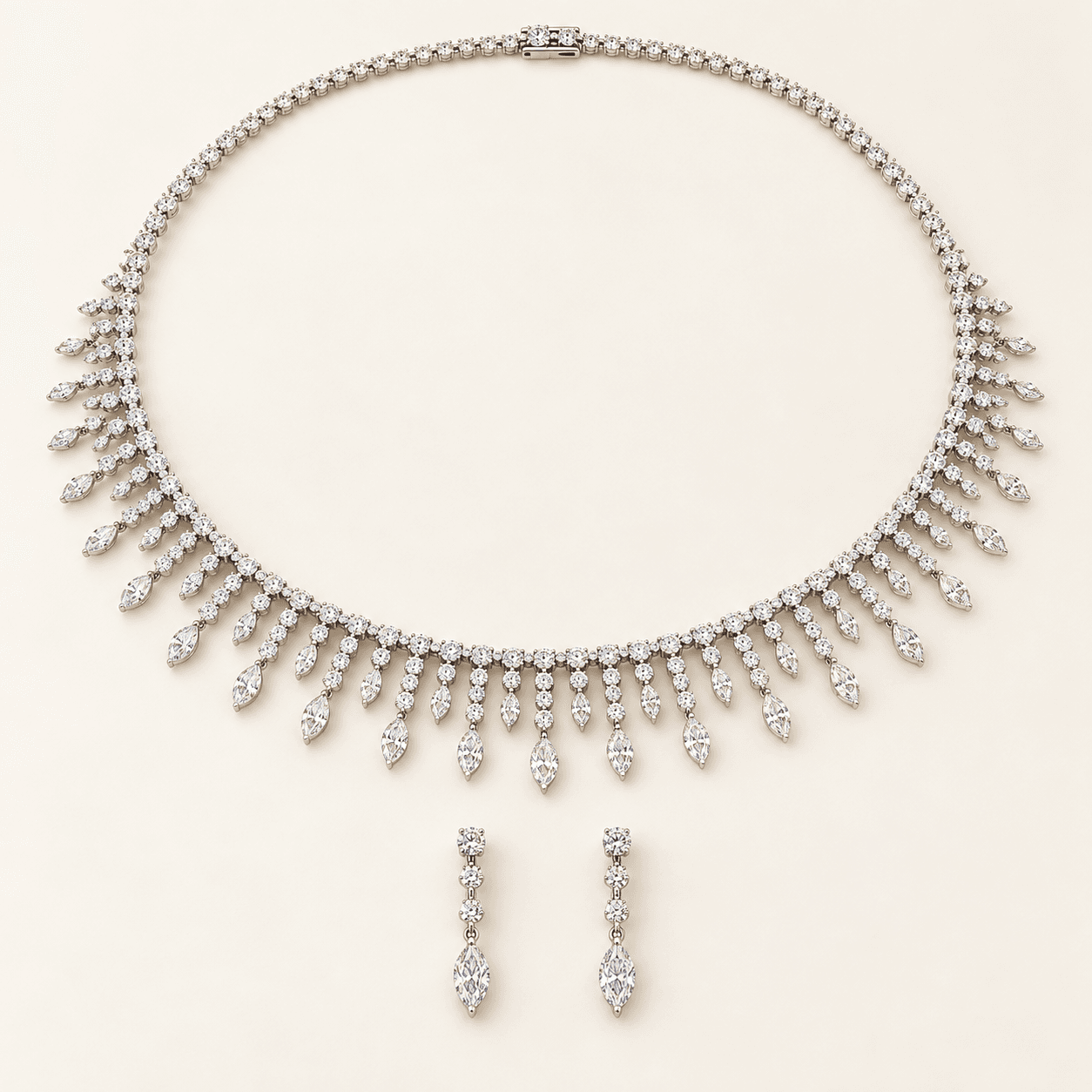 Full set of the natural-diamond bridal fringe necklace and matching earrings in white gold