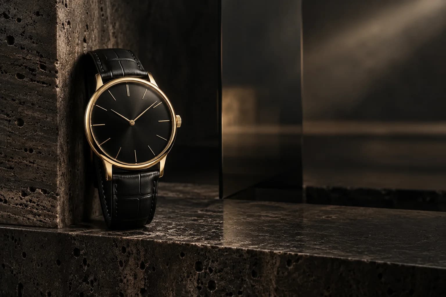 Fine gold dress watch on dark stone