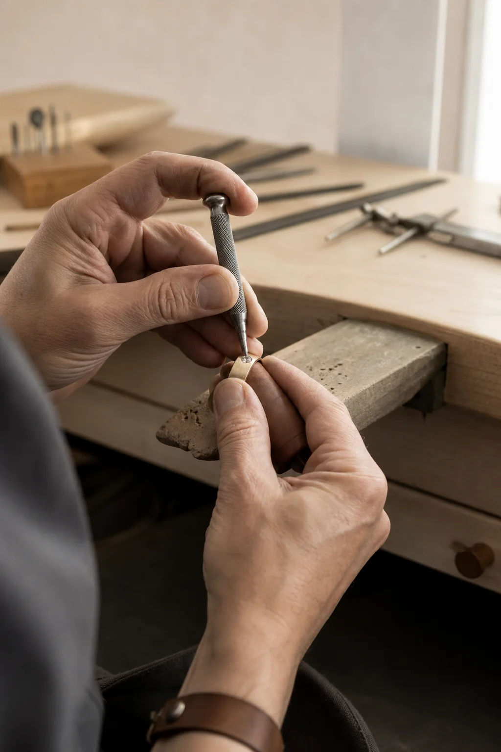 Jeweller setting a diamond by hand at the workbench
