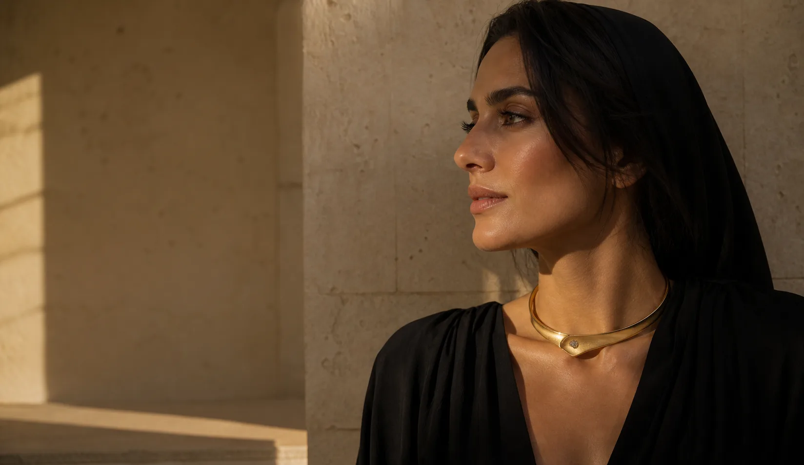 Woman wearing a sculptural gold Gharghour collar necklace